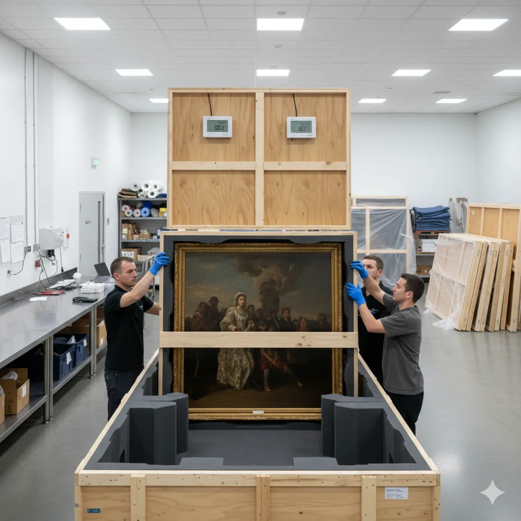 Professional art packaging with custom foam inserts and climate control monitoring equipment