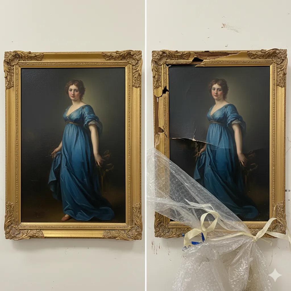 Damaged artwork showing typical transportation-related issues like frame cracks and canvas warping