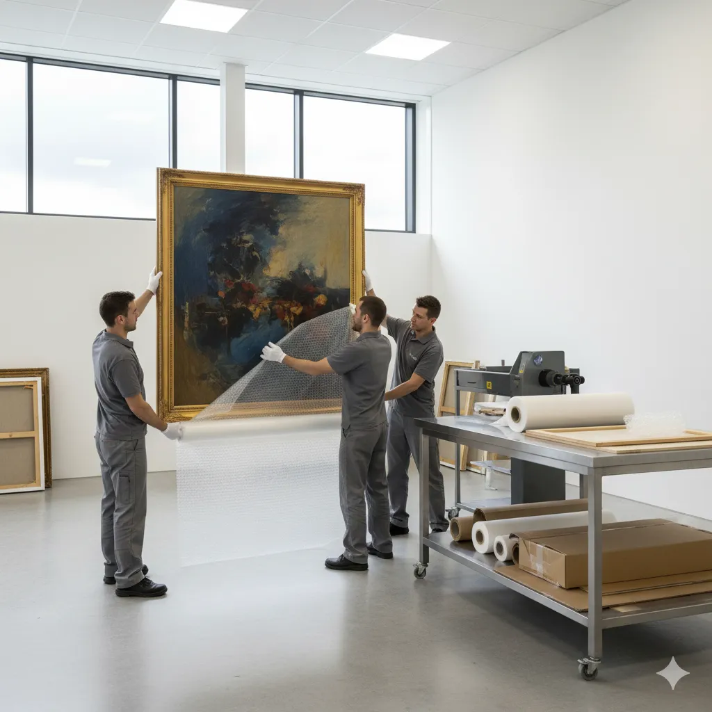 Professional art handlers carefully wrapping a large painting in protective materials inside a specialized packing facility