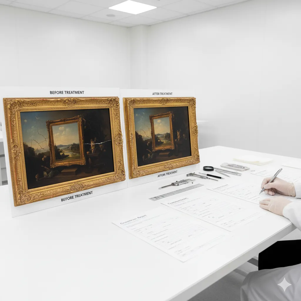 A detailed condition report form showing before and after photographs of an artwork with professional documentation