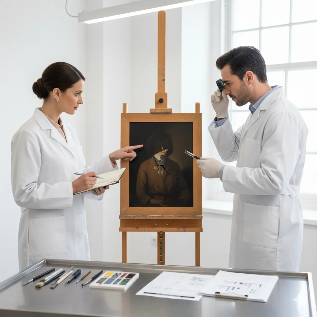 An insurance adjuster and conservator examining damaged artwork while documenting the assessment process