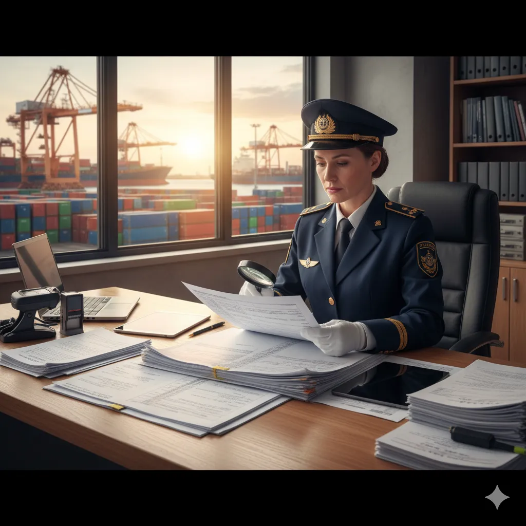 Customs officer examining art shipping documentation at a port facility