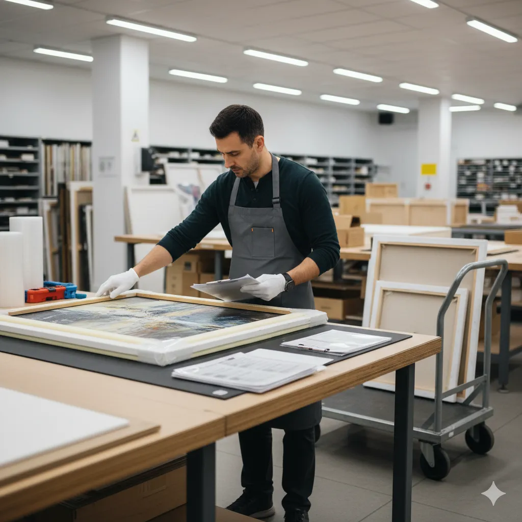Art handler carefully packing a painting with detailed documentation checklist
