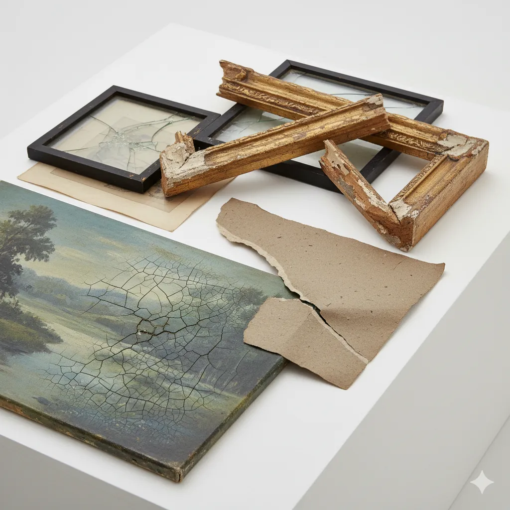A close-up photograph showing various types of artwork damage including paint cracks, canvas tears, and broken frames displayed on a neutral background