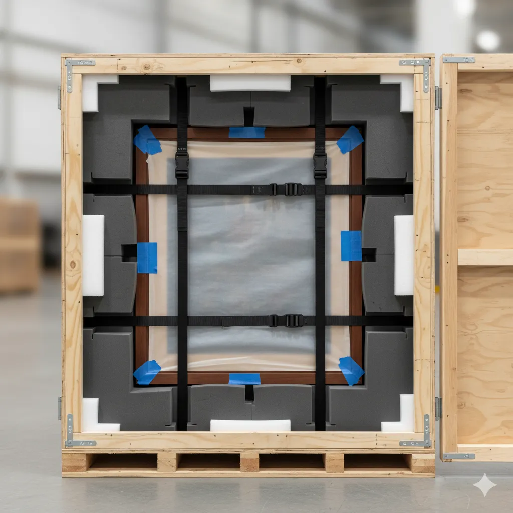 A professional photograph showing the proper way to pack artwork in a custom wooden crate with foam padding and protective materials.