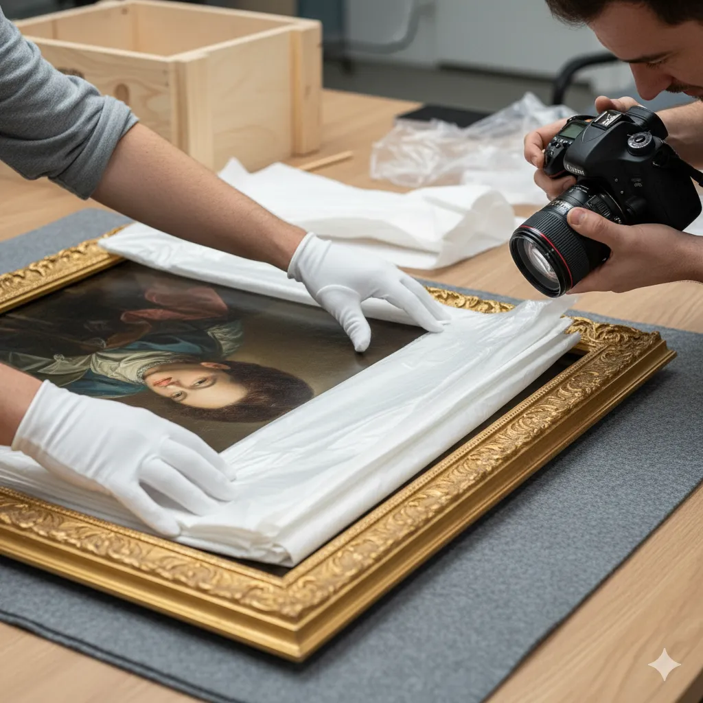 A professional photograph of someone carefully inspecting artwork during the unpacking process, showing proper handling techniques and documentation procedures. The image should emphasize careful, methodical unpacking without any visible text or branding
