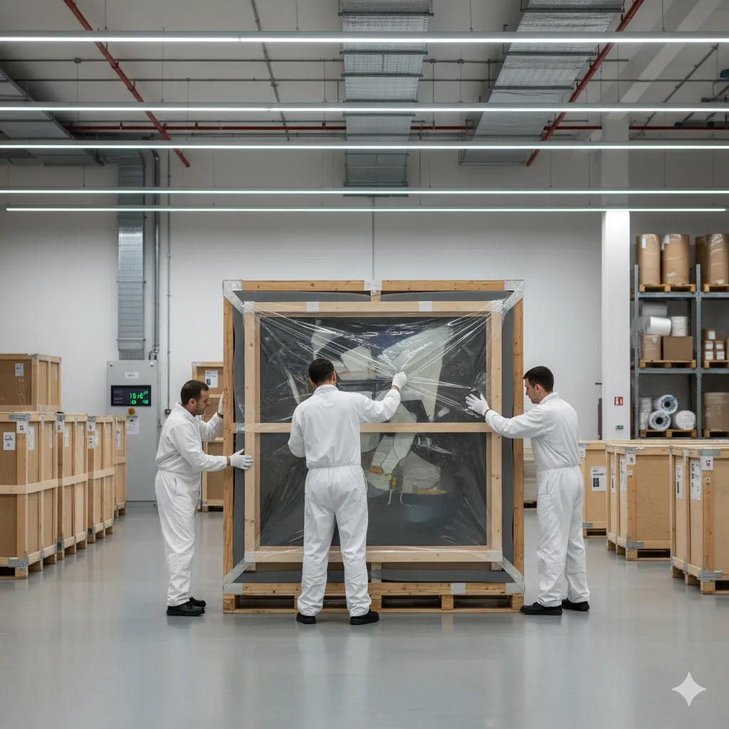 Professional art handlers preparing a painting for shipment with specialized protective materials and climate-controlled packaging equipment in a clean warehouse setting