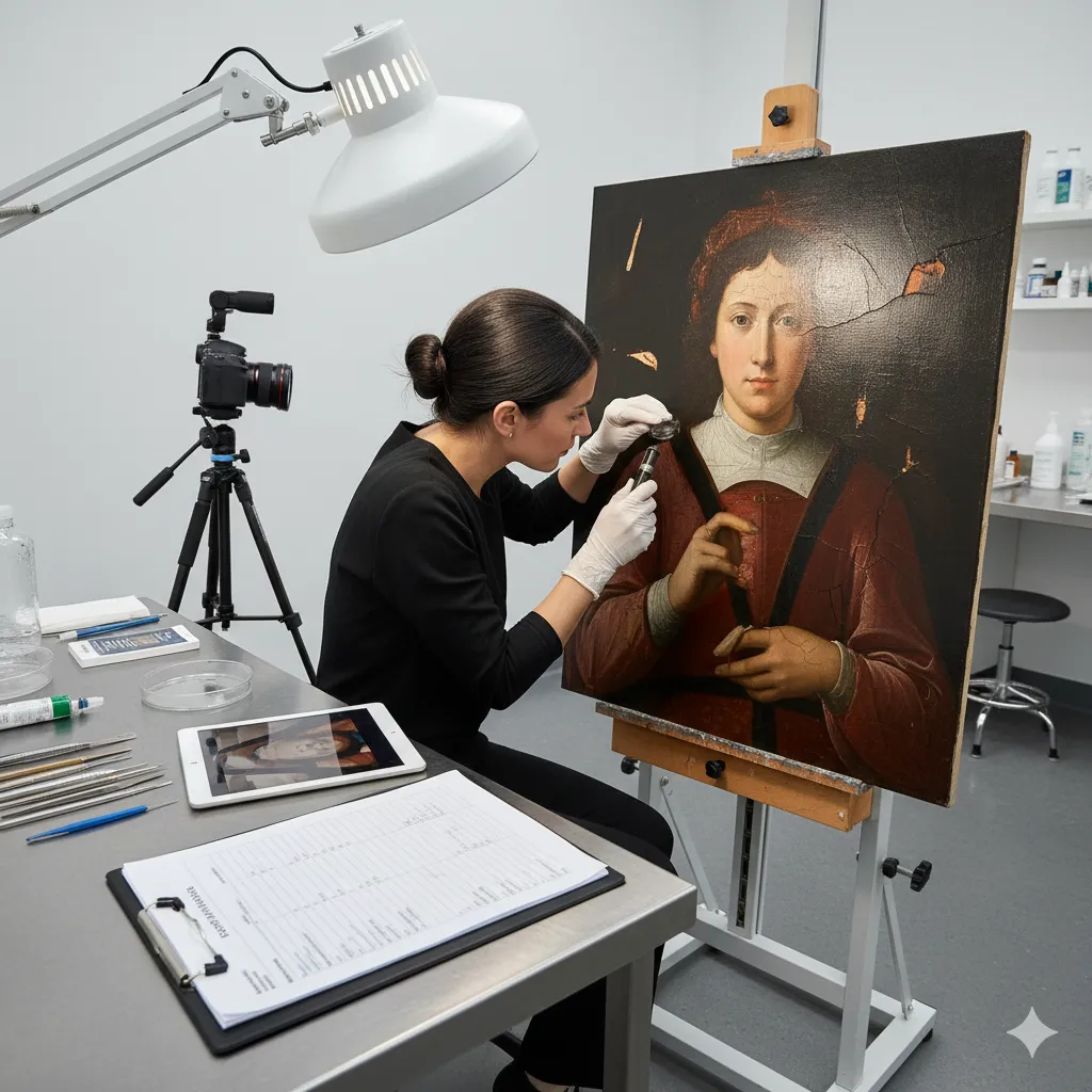 Art conservator examining a damaged painting under specialized lighting with documentation tools and restoration materials visible on a clean workspace