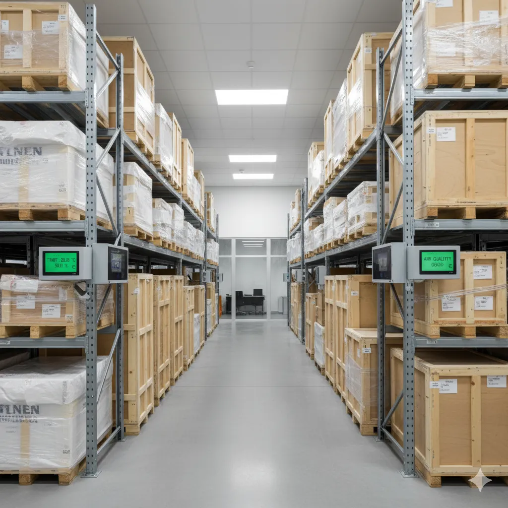 Climate-controlled art storage warehouse with organized shelving systems holding wrapped artworks and monitoring equipment displaying temperature and humidity readings