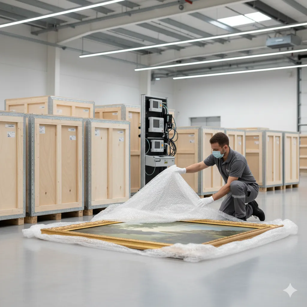 A professional art handler carefully wrapping a framed painting in protective materials inside a climate-controlled warehouse, with specialized art shipping crates visible in the background