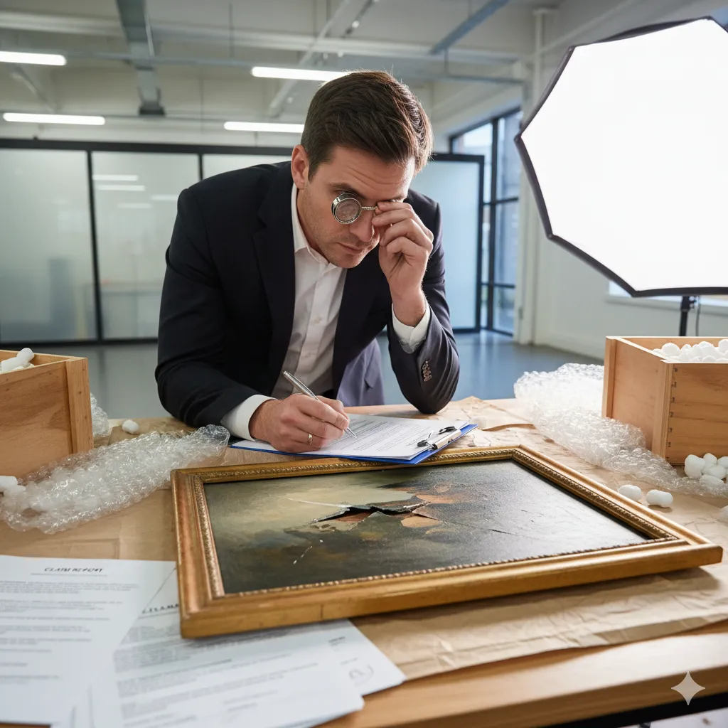 An insurance adjuster in professional attire examining a damaged painting with a magnifying glass while taking notes on a clipboard, surrounded by protective packaging materials and documentation